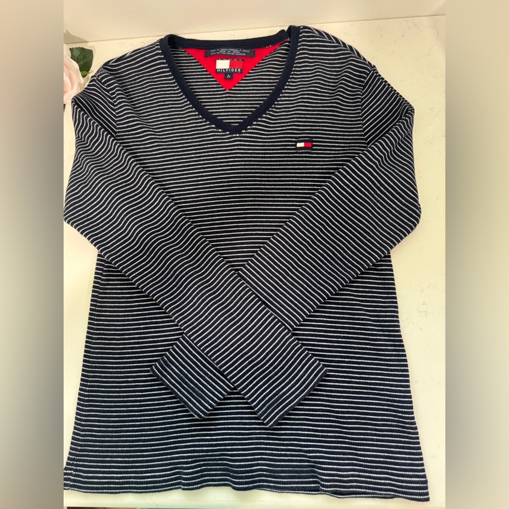 Tommy Hilfiger 100% cotton Navy and White Striped V-Neck Top